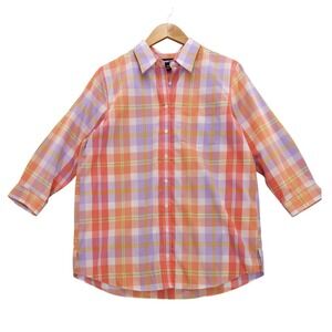 Lands End Women 10P Plaid No Iron Supima Cotton Button Up Shirt Orange Lavender‎